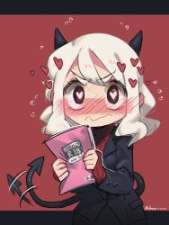 Rule 34 | 1girl, black eyes, black jacket, black skirt, blush, book, closed mouth, cowboy shot, dated, demon girl, demon horns, demon tail, ear blush, embarrassed, flying sweatdrops, furrowed brow, heart, heart-shaped pupils, helltaker, highres, holding, holding book, horns, jacket, long sleeves, looking at viewer, medium hair, modeus (helltaker), nose blush, pencil skirt, porforever, pornography, content rating, red background, signature, skirt, solo, sweatdrop, symbol-shaped pupils, tail, tail wagging, wavy mouth, white hair