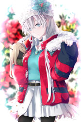 Rule 34 | 1girl, anastasia (fate), anastasia (shvibzik snow) (fate), belt, black pantyhose, blue eyes, blue sweater, blurry, blurry background, choker, cowboy shot, fate/grand order, fate (series), fur-trimmed jacket, fur trim, hair between eyes, hat, highres, jacket, long hair, long sleeves, miniskirt, open clothes, open jacket, oriuo q, pantyhose, pleated skirt, red jacket, silver hair, skirt, solo, standing, sweater, white hat, white skirt, winter clothes