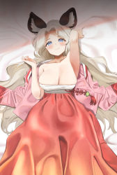 Rule 34 | 1girl, animal ears, arm up, armpits, bed sheet, blue eyes, blush, breasts, closed mouth, collarbone, commission, from above, highres, large breasts, long hair, long skirt, looking at viewer, lying, on back, original, parted lips, pink shirt, red skirt, sarashi, sheet grab, shirt, unworn shirt, skirt, smile, solo, twin (tt lsh), very long hair, white hair