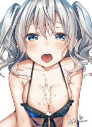 Rule 34 | 10s, 1girl, artist name, bikini, blue bikini, blush, breasts, collarbone, food, hair between eyes, haruno suzune, kantai collection, kashima (kancolle), large breasts, open mouth, popsicle, short hair, silver hair, solo, swimsuit, teeth, tongue, tongue out, two side up