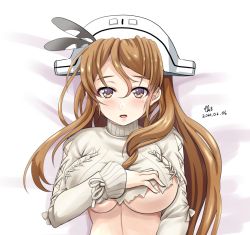 Rule 34 | 1girl, artist name, blush, breasts, brown eyes, brown hair, dated, kantai collection, large breasts, littorio (kancolle), long hair, long sleeves, open mouth, signature, solo, sweater, tk8d32, torn clothes, torn sweater, upper body, white background, white sweater