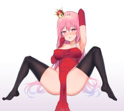 Rule 34 | 1girl, aak, arm up, armpits, bad id, bad pixiv id, bare shoulders, black thighhighs, blush, breasts, collarbone, copyright request, crown, dress, elbow gloves, gloves, gradient background, hair between eyes, highres, large breasts, long hair, looking at viewer, mini crown, no shoes, nose blush, parted lips, pelvic curtain, pink background, pink eyes, pink hair, red dress, red gloves, solo, spread legs, strapless, strapless dress, thighhighs, tilted headwear, very long hair, white background