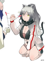Rule 34 | 2girls, animal ears, arknights, artist name, black footwear, black scarf, blue feathers, boca, breasts, cat ears, cat tail, ceylon (arknights), cleavage, commentary, feather hair, feathers, gloves, hand up, highres, holding, jacket, large breasts, long hair, long sleeves, looking at another, multiple girls, open clothes, open jacket, parted lips, pink hair, ponytail, scarf, schwarz (arknights), seiza, shadow, signature, silver hair, simple background, sitting, solo focus, sparkle, tail, thigh strap, thighs, v-shaped eyebrows, white background, white gloves, white jacket, yellow eyes