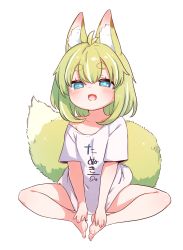 Rule 34 | 1girl, animal ear fluff, animal ears, babalilo, bare legs, barefoot, blue eyes, blush, clothes writing, commentary request, fang, feet, fox ears, fox girl, fox tail, hands on feet, highres, indian style, legs, looking at viewer, off-shoulder shirt, off shoulder, open mouth, original, shirt, short hair, short sleeves, simple background, sitting, smile, solo, t-shirt, tail, thick eyebrows, toes, translation request, white background, white shirt