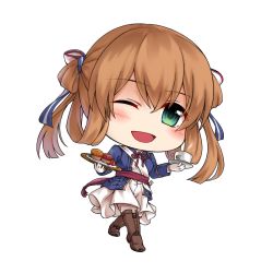 Rule 34 | 1girl, ;d, blue eyes, blush, boots, brown hair, chibi, chien zero, cup, cupcake, dress, food, full body, girls&#039; frontline, hair between eyes, hair rings, holding, holding tray, jacket, knee boots, looking at viewer, one eye closed, open clothes, open jacket, open mouth, sash, saucer, sidelocks, smile, solo, springfield (girls&#039; frontline), standing, tareme, teacup, transparent background, tray, white dress
