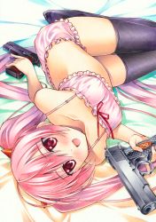 Rule 34 | 1girl, :d, black thighhighs, bra, cinderella bust, collarbone, dual wielding, fang, frilled bra, frilled shorts, frills, from behind, gun, hair between eyes, hair ornament, hidan no aria, highres, holding, holding gun, holding weapon, kanzaki h. aria, long hair, looking at viewer, lying, marker (medium), neck ribbon, on side, open mouth, pink bra, pink hair, pink shorts, red eyes, red ribbon, ribbon, short shorts, shorts, smile, solo, thighhighs, traditional media, twintails, underwear, very long hair, weapon, yuto takumi