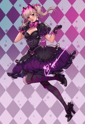 Rule 34 | 1girl, animal ears, argyle, argyle background, argyle clothes, argyle legwear, bead bracelet, beads, black cat d.va, black dress, black footwear, black gloves, black legwear, blonde hair, bow, bracelet, breasts, cat ears, cleavage, commentary, corset, d.va (overwatch), dress, earrings, english commentary, facial mark, fake animal ears, full body, gloves, glowing, heart, heart earrings, high heels, ippus, jewelry, lolita fashion, medium hair, official alternate costume, overwatch, overwatch 1, pearl bracelet, pink bow, puffy short sleeves, puffy sleeves, pumps, purple legwear, running, short sleeves, signature, small breasts, solo, twintails, two-tone legwear, whisker markings