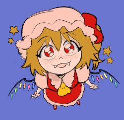 Rule 34 | 1girl, blonde hair, blue background, blue gemstone, blush, bright pupils, fangs, fangs out, flandre scarlet, flandrepudding, frilled shirt, frilled shirt collar, frilled skirt, frilled wristband, frills, gem, green gemstone, hair between eyes, happy, hat, hat ornament, hat ribbon, highres, jewelry, looking at viewer, looking up, mary janes, medium hair, mob cap, nose blush, open mouth, orange gemstone, pink gemstone, ponytail, puffy short sleeves, puffy sleeves, red eyes, red footwear, red ribbon, red skirt, red vest, ribbon, shirt, shoes, short sleeves, side ponytail, simple background, sketch, skirt, smile, star (symbol), touhou, vampire, vest, white pupils, white shirt, white wristband, wings, wristband, yellow gemstone