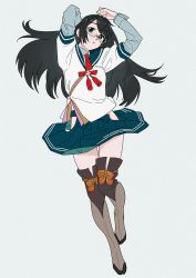 Rule 34 | 1girl, aqua sailor collar, arms behind head, arms up, bad id, bad twitter id, black hair, blouse, blue eyes, blue sailor collar, blue skirt, breast pocket, breasts, brown thighhighs, circle skirt, collared shirt, film grain, full body, grey background, grey shirt, hairband, hip vent, kantai collection, lace, lace-trimmed legwear, lace trim, layered sleeves, long hair, long sleeves, miniskirt, necktie, ojipon, ooyodo (kancolle), pleated skirt, pocket, red necktie, sailor collar, school uniform, semi-rimless eyewear, serafuku, shirt, short over long sleeves, short sleeves, simple background, skirt, small breasts, solo, thighhighs, under-rim eyewear, white shirt