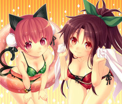 Rule 34 | 2girls, :3, alternate costume, alternate hairstyle, animal ears, bare arms, bare shoulders, bell, bikini, blush, bob cut, bow, breasts, bun cover, cat ears, cat tail, cleavage, closed mouth, collarbone, cowboy shot, double bun, extra ears, gluteal fold, green bikini, green bow, hair bow, hair bun, innertube, jingle bell, kaenbyou rin, leaning forward, looking at viewer, medium breasts, minamura haruki, multi-strapped bikini bottom, multi-strapped bikini top, multiple girls, multiple tails, parted bangs, pink eyes, pointy ears, ponytail, red bikini, red eyes, red hair, reiuji utsuho, short hair, side-tie bikini bottom, sidelocks, smile, striped, striped background, swim ring, swimsuit, tail, thigh gap, touhou, two tails, vertical stripes