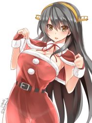 Rule 34 | 1girl, belt, black hair, breasts, brown eyes, cape, capelet, cleavage, commentary request, cowboy shot, dated, dress, fingerless gloves, fur-trimmed dress, fur trim, gloves, hair between eyes, hair ornament, hairband, hairclip, haruna (kancolle), headgear, highres, kantai collection, large breasts, long hair, looking at viewer, one-hour drawing challenge, red cape, red dress, red gloves, simple background, solo, strapless, strapless dress, takase muh, twitter username, white background
