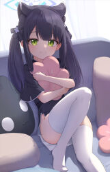 Rule 34 | 1girl, animal ears, artist name, basa rutan, black hair, black shirt, blue archive, blue halo, child, chinese clothes, closed mouth, commentary, couch, curtains, green eyes, halo, highres, indoors, long hair, looking at viewer, on couch, shirt, short sleeves, shun (blue archive), shun (small) (blue archive), sitting, smile, solo, thighhighs, twintails, white thighhighs, window