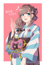 Rule 34 | 1girl, absurdres, black bow, blue eyes, border, bow, braid, breasts, brown hair, commentary request, flower, hair bow, hair flower, hair ornament, hair over shoulder, highres, japanese clothes, kimono, long sleeves, medium hair, nakachiruno, nijisanji, open mouth, simple background, single braid, smile, solo, standing, striped, suzuhara lulu, translation request, vertical stripes, virtual youtuber, white border, wide sleeves, yukata