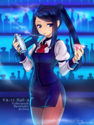 Rule 34 | 1girl, bar (place), black hair, black pantyhose, blush, cigarette, cocktail glass, collared shirt, copyright name, cowboy shot, cup, drinking glass, english text, highres, holding, holding cup, holding drinking glass, indoors, jill stingray, long hair, long sleeves, looking at viewer, mitake eil, pantyhose, pencil skirt, puffy long sleeves, puffy sleeves, purple eyes, purple skirt, purple vest, shaker, shirt, silhouette, skirt, smoke, smoking, solo, sparkle, standing, swept bangs, twintails, twitter username, va-11 hall-a, vest, white shirt, wing collar