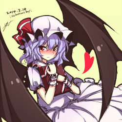 Rule 34 | 1girl, blush, dated, dress, gift, happy valentine, hat, hat ribbon, heart, holding, holding gift, incoming gift, large wings, light purple hair, looking at viewer, pink dress, red eyes, remilia scarlet, ribbon, short hair, solo, touhou, ugume, wavy hair, wings