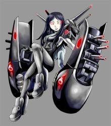 Rule 34 | 10s, 1girl, abyssal ship, black hair, cannon, colored skin, glowing, glowing eyes, image sample, kamizono (spookyhouse), kantai collection, long hair, machine, machinery, mecha, mittens, open mouth, pale skin, red eyes, robot, ru-class battleship, smile, solo, thighhighs, turret, weapon, white skin