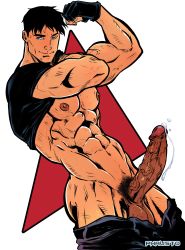 Rule 34 | 1boy, abs, absurdres, artist name, bara, bare pectorals, biceps, black gloves, black hair, black pants, black shirt, blouse, blue eyes, closed mouth, clothes lift, clothes pull, cum, dc comics, ejaculation, erection, fingerless gloves, flexing, gloves, highres, kon-el, large pectorals, looking at viewer, male focus, male pubic hair, muscular, muscular male, navel, nipples, pants, pants pull, pectorals, penis, phausto, pubic hair, shirt, shirt lift, short hair, solo, superboy, uncensored, young justice