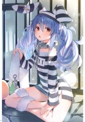 Rule 34 | 1girl, absurdres, animal ears, bare shoulders, blue hair, blurry, blush, chain, collar, don-chan (usada pekora), flat chest, full body, fur trim, highres, holding, hololive, lips, long hair, long sleeves, looking at viewer, multicolored hair, open mouth, orange eyes, orange hair, page number, prison cell, prison clothes, rabbit tail, scan, shiny skin, simple background, sitting, striped, tail, thighs, twintails, two-tone hair, usada pekora, usada pekora (prisoner), virtual youtuber, white hair, yuuki hagure