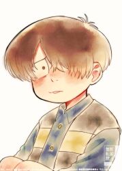 Rule 34 | 1boy, blue shirt, blush, brown eyes, brown hair, buttons, collared shirt, faux traditional media, gegege no kitarou, hair over one eye, highres, kitarou, looking at viewer, male focus, parted lips, ri (ri kaos21), sad, shirt, solo, striped clothes, striped vest, upper body, vest, white background