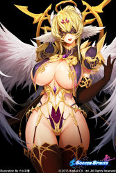 Rule 34 | 1girl, armor, artist name, blindfold, blonde hair, blush, breasts, brown gloves, brown thighhighs, cleavage, copyright name, elbow gloves, gloves, hair ornament, head wings, highres, huge breasts, long hair, no bra, open mouth, pauldrons, shoulder armor, simple background, smile, snowball22, soccer spirits, solo, thighhighs, watermark, white guardenia, window blinds, wings