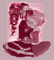 Rule 34 | 1boy, 1girl, blush, celestia ludenberg, closed eyes, cropped legs, crossdressing, danganronpa: trigger happy havoc, danganronpa (series), drill hair, facing another, from side, fujisaki chihiro, grey background, hand up, hands on another&#039;s hips, headdress, heart, hetero, highres, jacket, kiss, layered skirt, long hair, long sleeves, looking at another, pleated skirt, shirt, short hair, skirt, trap, twin drills, twinklelitchii, twintails