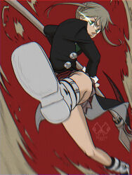 Rule 34 | 1girl, artist name, black coat, boots, buttons, coat, commentary, english commentary, green eyes, highres, holding, holding weapon, looking at viewer, maka albarn, marydale, red background, simple background, skirt, solo, soul eater, twintails, weapon