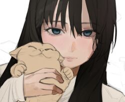 Rule 34 | 1girl, animal, blue eyes, cat, copyright request, doodles, freng, highres, holding, holding animal, holding cat, long hair, long sleeves, looking at viewer, shirt, simple background, solo, whiskers, white background, white shirt