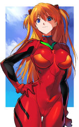 Rule 34 | 1girl, blue eyes, blue sky, bodysuit, breasts, closed mouth, commentary request, curvy, hand on own hip, highres, long hair, looking at viewer, medium breasts, negresco, neon genesis evangelion, orange hair, plugsuit, red bodysuit, shiny clothes, sky, smile, solo, souryuu asuka langley, standing, thighs, twintails, wide hips