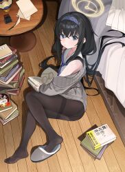 Rule 34 | 1girl, absurdres, ass, bare shoulders, bed, bed sheet, black hair, black pantyhose, blue archive, book, book stack, brown cardigan, cardigan, closed mouth, commentary request, from above, full body, hairband, halo, highres, holding, holding book, long hair, looking at viewer, no shoes, pantyhose, paper, pleated skirt, purple eyes, purple hairband, round eyewear, round table, sailor collar, shirt, single slipper, skirt, sleeveless, sleeveless shirt, slippers, soles, solo, table, thighband pantyhose, ui (blue archive), unworn eyewear, unworn skirt, white sailor collar, white shirt, white skirt, yellow-framed eyewear, yellow halo, yuhezi