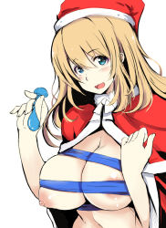 Rule 34 | 10s, 1girl, alternate costume, areola slip, atago (kancolle), bad id, bad pixiv id, blonde hair, blue eyes, blush, breasts, cape, christmas, condom, female focus, gengoroh, hat, kantai collection, large breasts, long hair, looking at viewer, naked cape, naked ribbon, navel, nipple slip, nipples, no bra, open mouth, ribbon, santa costume, santa hat, sidelocks, simple background, solo, standing, upper body, used condom, white background