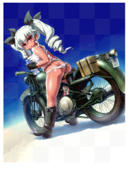 Rule 34 | 10s, 1girl, anchovy (girls und panzer), ass, black gloves, blush, boots, bottle, drill hair, fingerless gloves, girls und panzer, gloves, hair ribbon, long hair, looking at viewer, looking back, motor vehicle, motorcycle, open mouth, panties, red eyes, ribbon, sankuma, shiny skin, silver hair, solo, tank top, twin drills, twintails, underwear, vehicle, water bottle, white panties