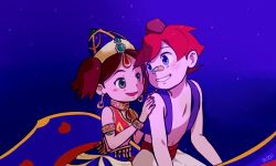 Rule 34 | 1boy, 1girl, aladdin (disney), arabian clothes, bandaid, bandaid on face, blue eyes, brown hair, green eyes, hat, hikaru (saru getchu), jewelry, looking at another, magic carpet, midriff, navel, night, pants, parody, red hair, saru getchu, sayaka (saru getchu), sitting, smile, sony, twintails