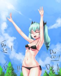 Rule 34 | 10s, 1girl, :d, ^ ^, anchovy (girls und panzer), armpits, arms up, bikini, black bikini, black ribbon, breasts, cloel, closed eyes, cloud, day, drill hair, closed eyes, front-tie top, girls und panzer, green hair, hair ribbon, highres, long hair, medium breasts, navel, open mouth, ribbon, side-tie bikini bottom, sky, smile, solo, swimsuit, tree, twin drills, twintails