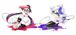 Rule 34 | + +, 1990s (style), 2girls, black hair, blue eyes, callie (splatoon), creatures (company), detached collar, fang, food, food on head, game boy, game boy (original), game freak, game link cable, gloves, handheld game console, highres, inkling, looking at another, marie (splatoon), multiple girls, nintendo, object on head, official art, paint splatter, pointy ears, pokemon, pokemon rgby, retro artstyle, simple background, smile, splatoon (series), splatoon 1, tentacle hair, unitard, white background, white gloves, white hair, yellow eyes