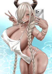 Rule 34 | 1girl, absurdres, asymmetrical bangs, azur lane, backless swimsuit, bare shoulders, blush, braid, breasts, brown eyes, brown horns, cellphone, collarbone, commentary request, covered erect nipples, dark-skinned female, dark skin, grin, hair over one eye, highres, horns, huge breasts, jewelry, large horns, long bangs, long hair, looking at viewer, low twin braids, one-piece swimsuit, one eye covered, owari (azur lane), partial commentary, phone, ring, sideboob, smile, solo, swimsuit, twin braids, ura tomoya, v, very long hair, wading, water, white hair, white one-piece swimsuit