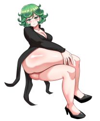 Rule 34 | 1girl, alternate breast size, ass, black dress, black footwear, blush, breasts, cleavage, closed mouth, crossed legs, curly hair, curvy, dress, full body, green eyes, green hair, high heels, highres, huge ass, large breasts, legs, matching hair/eyes, one-punch man, shiny skin, short hair, simple background, sitting, solo, tatsumaki, thick thighs, thighs, white background, wide hips, ytrall
