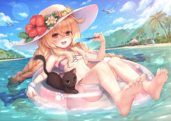 Rule 34 | 3girls, :d, afloat, ball, bare arms, bare legs, barefoot, beach, beach umbrella, beachball, bikini, bird, black cat, blonde hair, bow, braid, cat, cloud, commentary request, day, dutch angle, feet, flat chest, flower, food, foot focus, foreshortening, frilled bikini, frills, full body, hair between eyes, hair bow, hand up, hat, hat flower, hibiscus, highres, holding, holding food, innertube, legs, lens flare, little witch nobeta, long hair, looking at viewer, lying, monica (little witch nobeta), mountain, multiple girls, navel, nobeta, ocean, official alternate costume, official art, on back, open mouth, outdoors, palm tree, paw print, phyllis (cat) (little witch nobeta), phyllis (little witch nobeta), pink bikini, pink innertube, pink umbrella, popsicle, print innertube, red eyes, red flower, scrunchie, seagull, sidelocks, sky, smile, soles, solo focus, sun hat, sunlight, swim ring, swimsuit, tama yu, tania (little witch nobeta), toes, tree, twin braids, umbrella, very long hair, volleyball net, water, wet, white headwear, wrist scrunchie
