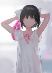 Rule 34 | 1girl, animal ears, aqua eyes, armpits, arms up, backlighting, black hair, blurry, blurry background, blush, breasts, closed mouth, consensual tentacles, creature, dress, drying, drying hair, fantasy, flat chest, highres, looking to the side, original, reoen, see-through, see-through dress, short hair, signature, simple background, slime, solo, standing, sundress, tentacles, tentacles under clothes, towel, wet, wet hair
