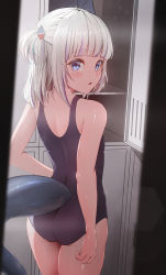 Rule 34 | 1girl, 5ent (bullbug), absurdres, ass, blue eyes, blue hair, blue one-piece swimsuit, blue school swimsuit, blush, cowboy shot, fins, fish tail, from behind, gawr gura, gluteal fold, hair ornament, hairclip, highres, hololive, hololive english, locker, locker room, looking at viewer, looking back, multicolored hair, one-piece swimsuit, open mouth, school swimsuit, shark girl, shark hair ornament, shark tail, short hair, side ponytail, solo, swimsuit, tail, thighs, virtual youtuber, white hair
