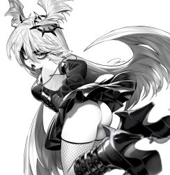 Rule 34 | 1girl, ass, bare shoulders, boots, breasts, detached sleeves, dress, ear piercing, eyelashes, eyeshadow, fangs, fishnet thighhighs, fishnets, forked tongue, greyscale, hair ornament, hair wings, high heel boots, high heels, highres, long hair, long tongue, looking at viewer, looking back, makeup, medium breasts, monochrome, open clothes, open mouth, original, panties, piercing, pointy ears, solo, thighhighs, tongue, tongue out, two side up, underwear, very long hair, wolrero