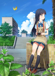 Rule 34 | 1girl, black hair, black socks, blue sky, breasts, bug, butterfly, camera, cloud, day, domo1220, highres, insect, kneehighs, loafers, long hair, miniskirt, original, school uniform, shoes, sitting, skirt, sky, small breasts, socks, solo, sweater vest