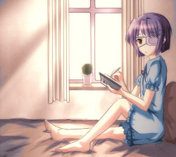 Rule 34 | 1girl, actop, barefoot, bed, ef (visual novel), expressionless, eyepatch, full body, hair ornament, hairclip, hospital bed, indoors, light, looking at viewer, notebook, purple hair, shindou chihiro, short hair, sitting, solo, window, writing, yellow eyes