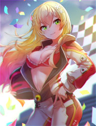 Rule 34 | 1girl, absurdres, arpeggio kaga, bikini, blonde hair, blush, breasts, chromatic aberration, confetti, floating hair, flower, green eyes, hair between eyes, hair down, hair flower, hair ornament, helmet, highres, holding, holding helmet, hololive, jacket, long hair, looking at viewer, medium breasts, momosuzu nene, multicolored hair, open clothes, pants, pink hair, racing suit, smile, solo, swimsuit, virtual youtuber, wind