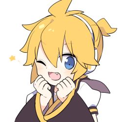 Rule 34 | 1boy, black collar, black sleeves, blonde hair, blue eyes, collar, commentary, detached sleeves, fang, hand on own chin, hands up, headphones, kagamine len, looking at viewer, male focus, one eye closed, open mouth, sailor collar, shirt, short ponytail, smile, spiked hair, upper body, vocaloid, white background, white shirt, yoshiki