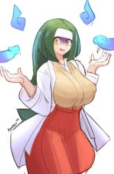 Rule 34 | 1girl, artist name, asekeu, breasts, channeler (pokemon), commentary, creatures (company), disembodied penis, english commentary, game freak, green eyes, green hair, hakama, headband, highres, japanese clothes, large breasts, long hair, long sleeves, nintendo, open mouth, penis, pokemon, pokemon lgpe, shaded face, simple background, skirt, white background, white headband, yellow eyes