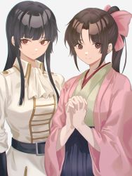 Rule 34 | 2girls, absurdres, belt, black hair, blunt bangs, crate, gintama, hair ornament, high ponytail, highres, hime cut, imai nobume, japanese clothes, kimono, long hair, merukoodo, military, military uniform, multiple girls, own hands clasped, own hands together, red eyes, sidelocks, tokugawa soyo, uniform, white background, wide sleeves