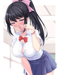Rule 34 | 1girl, black hair, blue skirt, blurry, blurry background, blush, bow, bowtie, bracelet, breasts, cellphone, chalkboard, classroom, cleavage, collarbone, collared shirt, commentary, cum, cum in mouth, cum on tongue, day, dress shirt, english commentary, eyelashes, facial, hair between eyes, hair bow, half-closed eyes, hand up, highres, holding, holding phone, indoors, ivenglynn, jewelry, large breasts, leaning forward, long hair, looking at viewer, loose bowtie, loose neckwear, miniskirt, no bra, original, phone, pink bow, pleated skirt, ponytail, purple eyes, red bow, red bowtie, shirt, short sleeves, skirt, smartphone, smile, solo, teeth, tongue, tongue out, upper teeth only, white shirt, window, wing collar