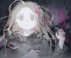 Rule 34 | 1boy, ahoge, black cloak, blonde hair, blood, blood from mouth, cloak, commentary request, from above, highres, hood, hood down, long hair, long sleeves, looking at viewer, lying, makoto kagutsuchi, male focus, master detective archives: rain code, on back, open mouth, pale skin, pink blood, puddle, purple eyes, rain, solo, spoilers, symbol in eye, upper body, wframe, wide-eyed