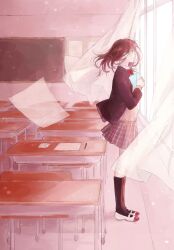 Rule 34 | 1girl, black jacket, black socks, bow, bowtie, brown hair, chair, chalkboard, classroom, closed mouth, collared shirt, curtains, desk, envelope, floating hair, highres, hinao (flowerrabbit2348), holding, holding envelope, jacket, kneehighs, long hair, long sleeves, looking outside, original, paper, pen, pink theme, plaid, plaid skirt, profile, red bow, red bowtie, school chair, school desk, school uniform, shirt, shoes, skirt, smile, socks, solo, standing, sweater, uniform, uwabaki, wind, window