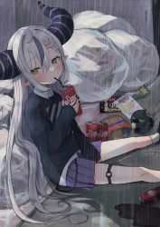 Rule 34 | 1girl, absurdres, ahoge, between legs, blouse, blue shirt, blush, braid, coke, commentary, crow (la+ darknesss), demon horns, dot nose, drink, drinking straw, grey hair, hair between eyes, hand between legs, highres, holding, holding drink, hololive, holox, horns, la+ darknesss, long hair, long sleeves, looking at viewer, multicolored hair, mutsumi326, nail polish, on floor, on ground, pile of trash, pleated skirt, pointy ears, purple hair, purple skirt, rain, shirt, shoes, sidelocks, single braid, sitting, skirt, socks, t-shirt, thigh strap, trash bag, two-tone hair, virtual youtuber, yellow eyes